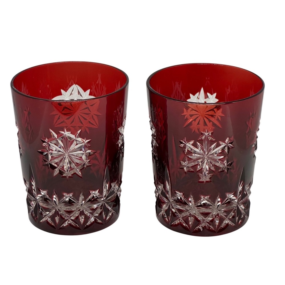 Waterford Crystal Glass Red Snowflake Wishes Cut Ruby Cased Pair Tumbler Set